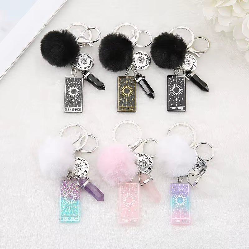 1PC Keyring Tarot Card Sun Resin with Puffer Ball Quartz for Men Women Keychain