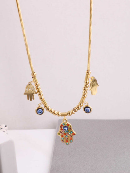 1Pc Gold-Tone European and American Style Luxury Light Colored Rhinestone & Deep Blue Hamsa Hand and Evil Eye Multi-Element Stainless Steel Necklace for Women