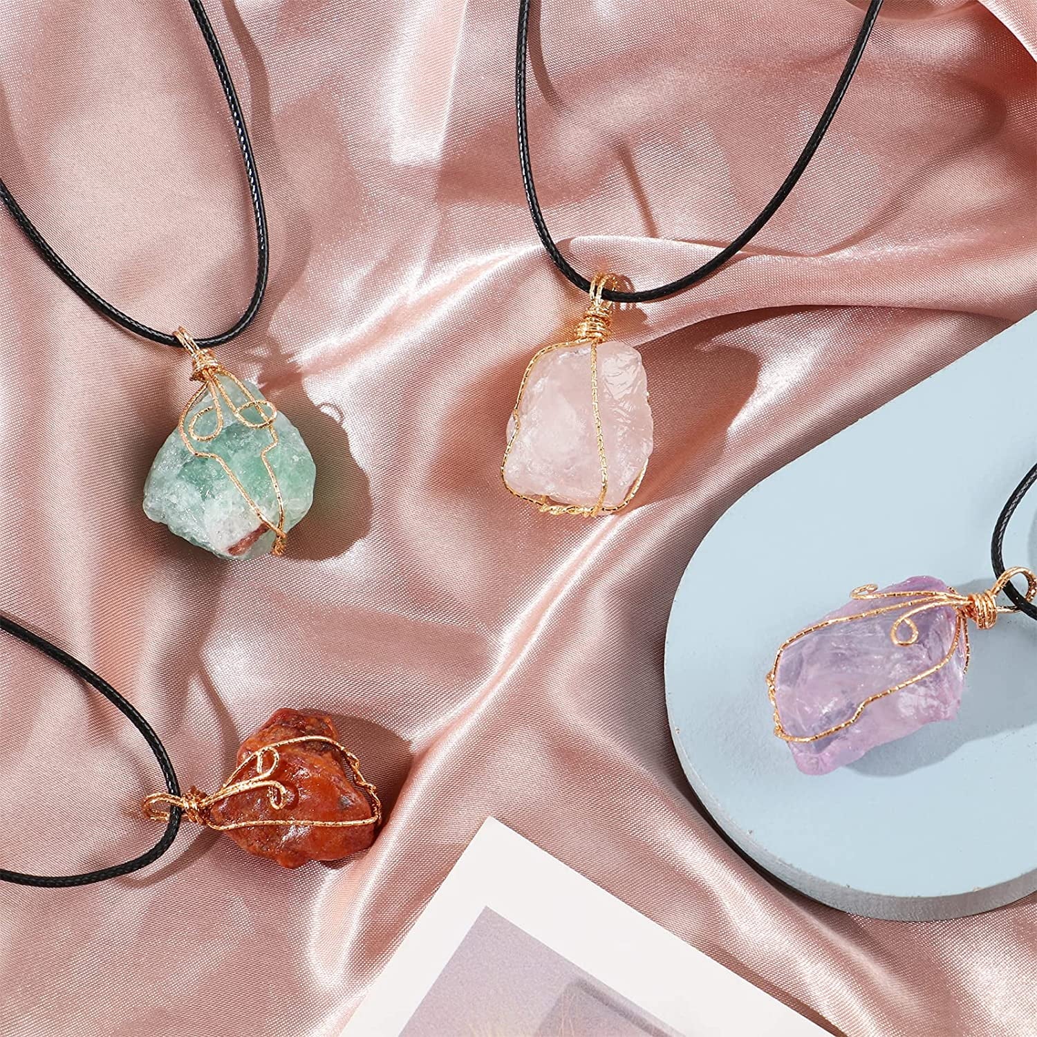 4PCS Rose Quartz Necklace, Crystal Pendant Necklaces for Woman, Wire Wrap Healing Necklace, Amethyst Clear Jewelry Chakra Handmade Spiritual Gemstone Gifts