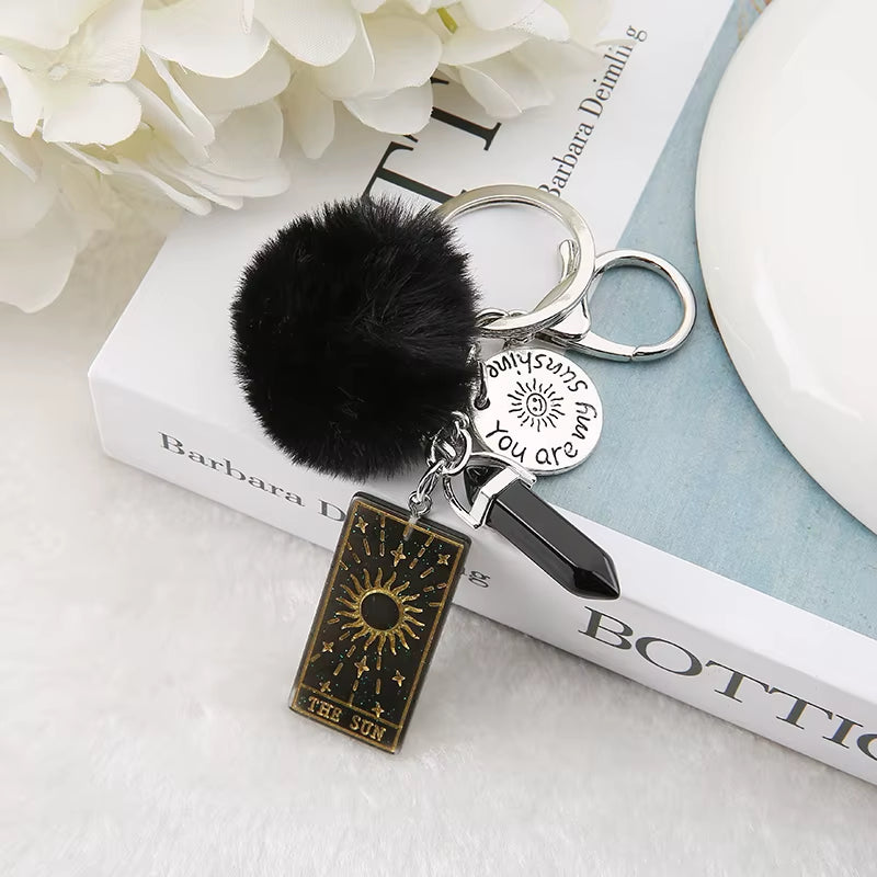 1PC Keyring Tarot Card Sun Resin with Puffer Ball Quartz for Men Women Keychain