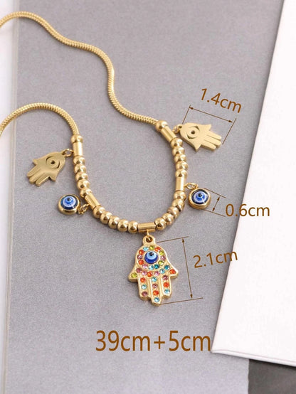 1Pc Gold-Tone European and American Style Luxury Light Colored Rhinestone & Deep Blue Hamsa Hand and Evil Eye Multi-Element Stainless Steel Necklace for Women