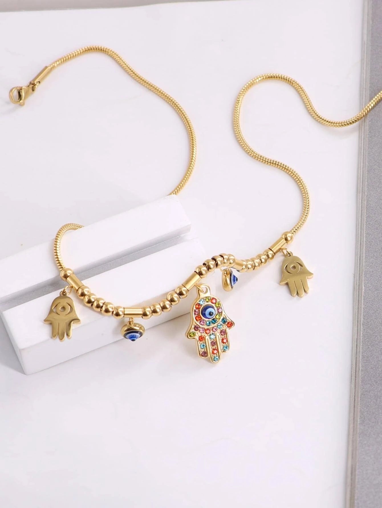 1Pc Gold-Tone European and American Style Luxury Light Colored Rhinestone & Deep Blue Hamsa Hand and Evil Eye Multi-Element Stainless Steel Necklace for Women