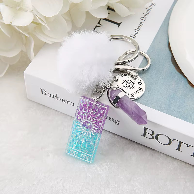 1PC Keyring Tarot Card Sun Resin with Puffer Ball Quartz for Men Women Keychain